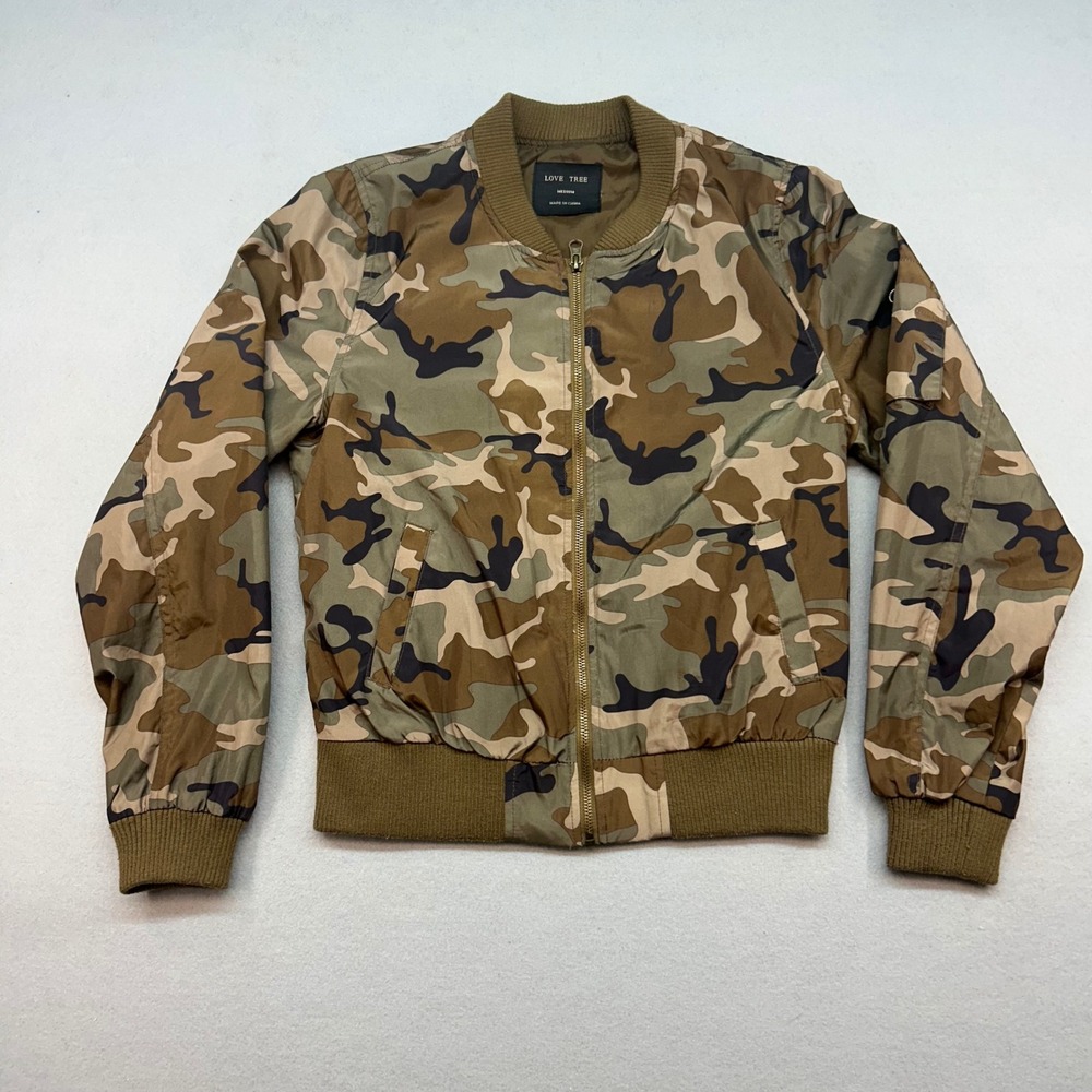 Love Tree Womens Camo Bomber Jacket Green Brown Full Zip Size Medium